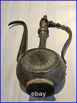 Antique Persian/Middle Eastern Hand Etched silvered Copper Water Jug Ewer F/ship