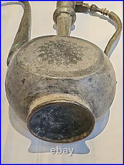 Antique Persian/Middle Eastern Hand Etched silvered Copper Water Jug Ewer F/ship