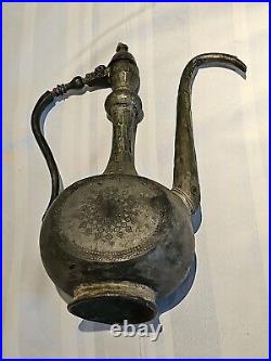 Antique Persian/Middle Eastern Hand Etched silvered Copper Water Jug Ewer F/ship