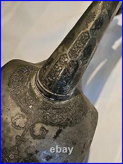 Antique Persian/Middle Eastern Hand Etched silvered Copper Water Jug Ewer F/ship