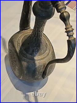 Antique Persian/Middle Eastern Hand Etched silvered Copper Water Jug Ewer F/ship