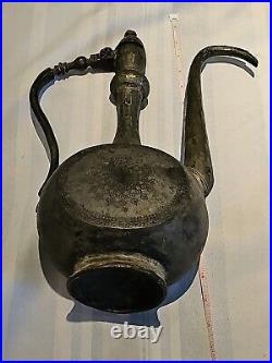 Antique Persian/Middle Eastern Hand Etched silvered Copper Water Jug Ewer F/ship