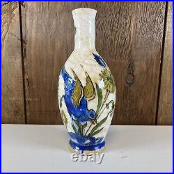 Antique Persian Middle Eastern Islamic Blue Bird Floral Painted Pottery Vase 8.5