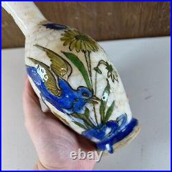 Antique Persian Middle Eastern Islamic Blue Bird Floral Painted Pottery Vase 8.5