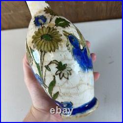 Antique Persian Middle Eastern Islamic Blue Bird Floral Painted Pottery Vase 8.5