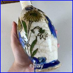 Antique Persian Middle Eastern Islamic Blue Bird Floral Painted Pottery Vase 8.5