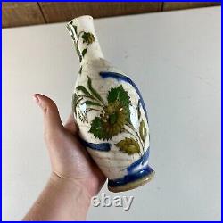 Antique Persian Middle Eastern Islamic Blue Bird Floral Painted Pottery Vase 8.5