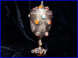 Antique Persian Middle Eastern sterling silver covered cup goblet 6.2 stone set