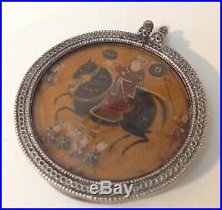 Antique Persian Miniature Painting Hunting Scene In Silver Amulet/pendant