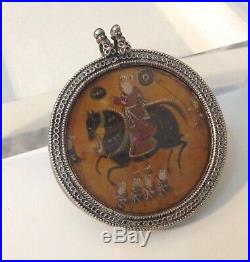 Antique Persian Miniature Painting Hunting Scene In Silver Amulet/pendant