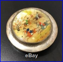 Antique Persian Mother of Pearl Hand Painted Snuff Box Compact Mirror Warrior