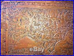 Antique Persian Qajar Copper Chased Pictorial Very Large Tray