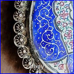 Antique Persian Qajar Dynasty Brooch Handpainted Ceramic Mosque Set in Silver