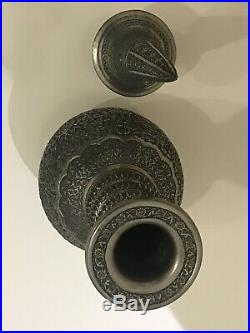 Antique Persian Qajar Middle Eastern Islamic Copper Vases Ghalam Zani