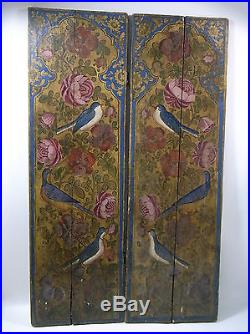 Antique Persian Qajar Painted Mirror Cabinet Panels, c. 19th century