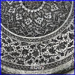 Antique Persian Qalamzani Tray Plate Engraved Animals Birds Tinned Copper