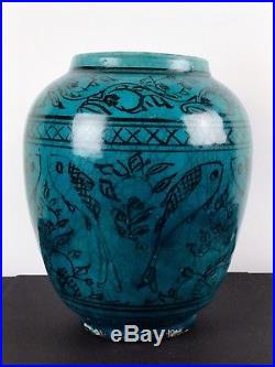 Antique Persian Raqqa Ware Style Turquoise Vase Signed Islamic Pottery