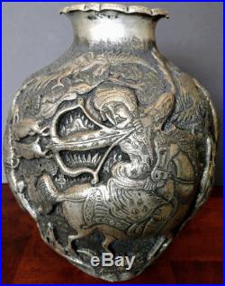 Antique Persian Silver Plated 3-D Repousee'd Etched Nobleman Hunt Scenes OLD