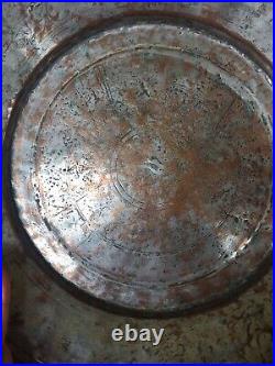Antique Persian middle east Islamic tin copper etched tray Charger plate 14