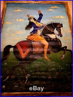 Antique Qajar Oil Painting on Large Canvas Islamic Persian Art Lady on Horse