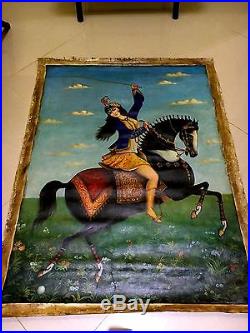 Antique Qajar Oil Painting on Large Canvas Islamic Persian Art Lady on Horse
