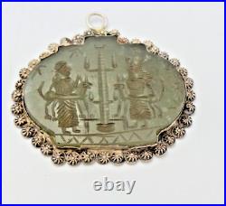 Antique Rare Asian Islamic Filigree Silver & Carved Jade Figures Pendant