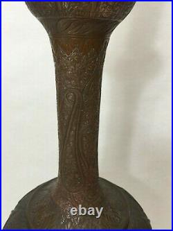 Antique Rare Huge Middle East Persian or India Hand Chased Lidded Pot, 29 Tall