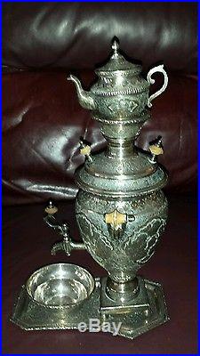 Antique Signed Persian / Russian Chiseled Silver 13.5 Samovar Tea Set & Tray