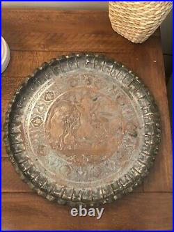 Antique Silver & Copper Middle East Persian Qajar Tray Engraved Scalloped Vtg