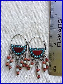 Antique Silver Earrings Tribal Bukhara Coral And Mother Of Pearl Exotic