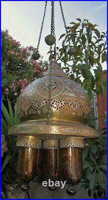 Antique Silver Inlaid Brass Islamic Mosque Pendant Turkish Ottoman Empire 1870's