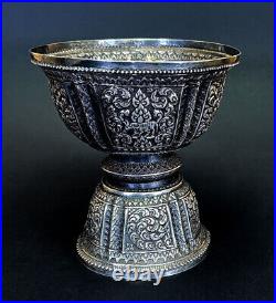 Antique Silver Laos Buddhist Temple Altar Offering Bowl