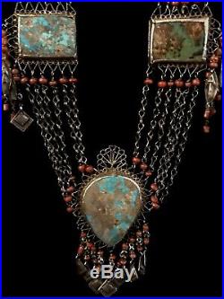 Antique Silver Uzbek Coral Turquoise Necklace