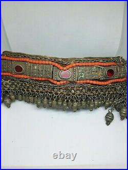 Antique Silver Yemeni Tribal Bedouin skull cap ornament with coral & Agate Stons