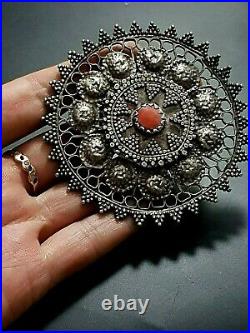 Antique Silver Yemenite Medallion Ornament Pendant brooch pin Filigree Tribal