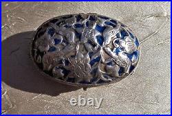 Antique Small Oval Islamic Middle Eastern Silver Box, Embossed & Enameled