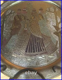 Antique Solid Brass Tray Cold Painted Engraved 11.5 Girls Featuring Water Scene