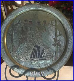 Antique Solid Brass Tray Cold Painted Engraved 11.5 Girls Featuring Water Scene