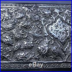 Antique Solid SIlver Persian Box, Bird & Flower Design, Early 20th Century, 438g