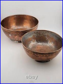 Antique Stuning Set Of 2 Nesting Large Middle Eastern Copper Bowls Hand Engraved