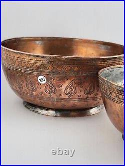 Antique Stuning Set Of 2 Nesting Large Middle Eastern Copper Bowls Hand Engraved