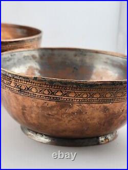 Antique Stuning Set Of 2 Nesting Large Middle Eastern Copper Bowls Hand Engraved