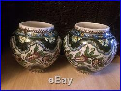 Antique Turkish Iznik Kutahya Pottery Painted Vases Pair