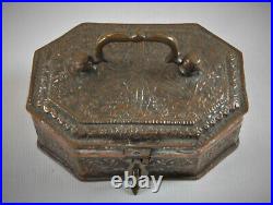 Antique Turkish Middle Eastern Embossed Copper, Brass, Tinned Spice Box w Tray