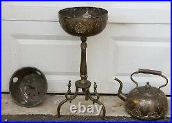 Antique Turkish Middle Eastern Hand Hammered Chased Brass Tea Kettle On Stand