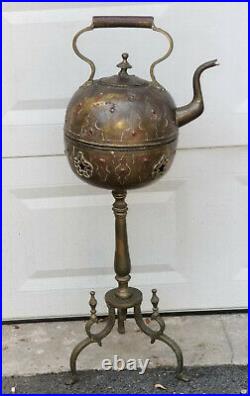 Antique Turkish Middle Eastern Hand Hammered Chased Brass Tea Kettle On Stand