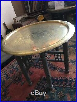 Antique Victorian Egyptian Engraved Brass Topped Folding Table