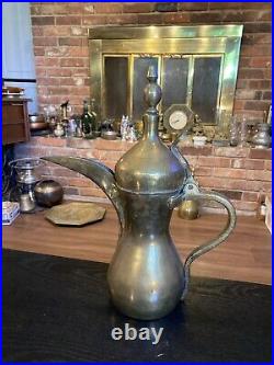 Antique Vintage Middle Eastern Brass Dallah 14 Coffee Pot, Signed