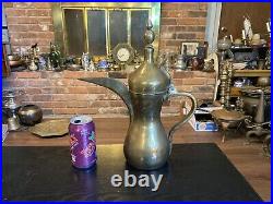 Antique Vintage Middle Eastern Brass Dallah 14 Coffee Pot, Signed