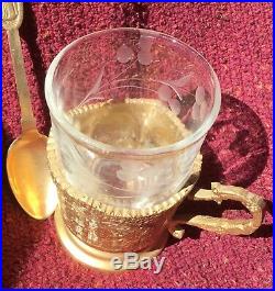 Antique/Vintage Persian Tea Set (8) WithGlass Inserts, Sugar, Milk, Spoons Gold Gilt